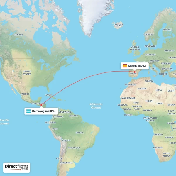 Madrid - Comayagua direct flight map