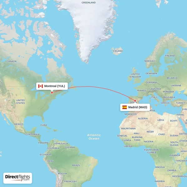 Madrid - Montreal direct flight map