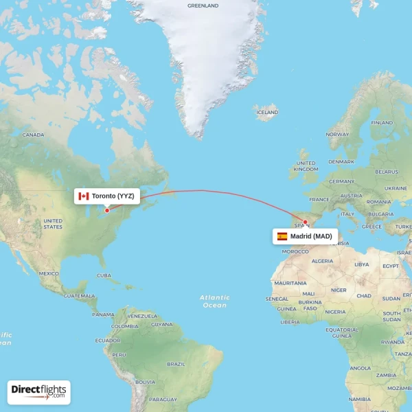 Madrid - Toronto direct flight map