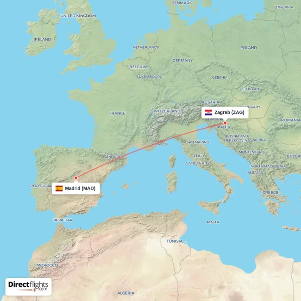 Madrid - Zagreb direct flight map