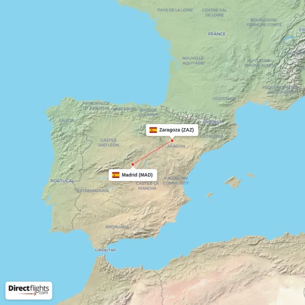 Madrid - Zaragoza direct flight map