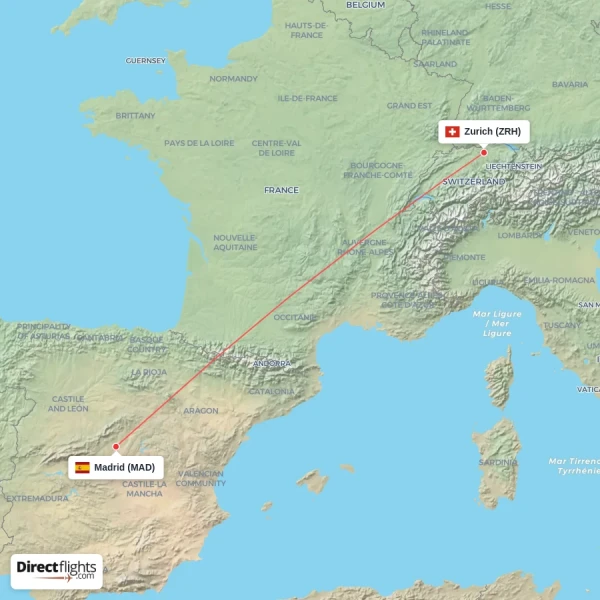 Madrid - Zurich direct flight map