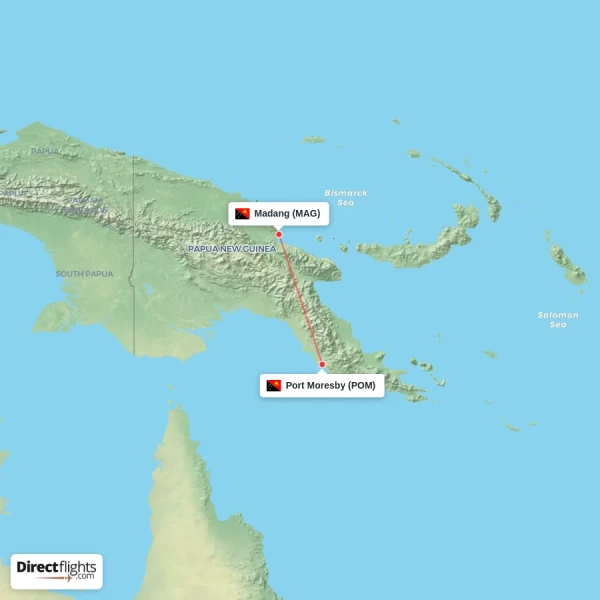 Madang - Port Moresby direct flight map