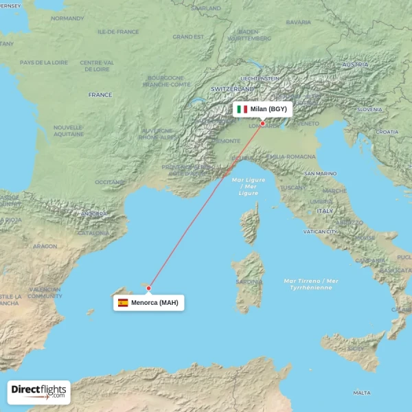 Menorca - Milan direct flight map