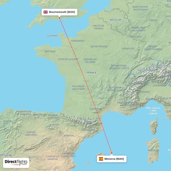 Menorca - Bournemouth direct flight map