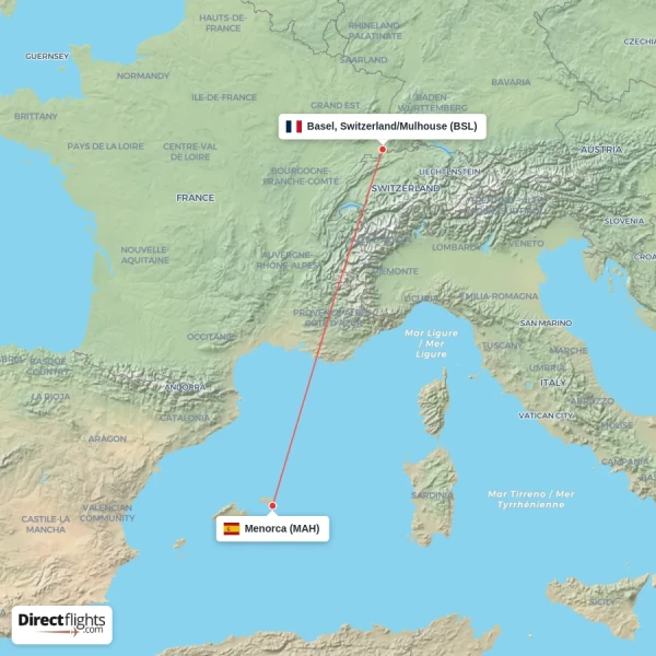 Menorca - Basel, Switzerland/Mulhouse direct flight map