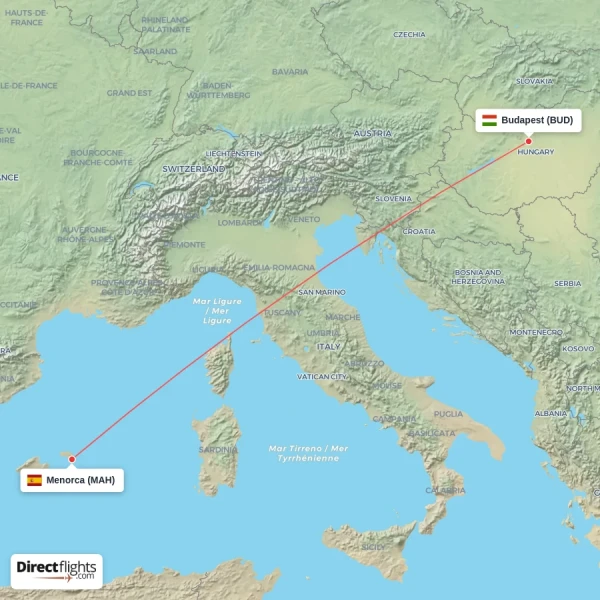 Menorca - Budapest direct flight map