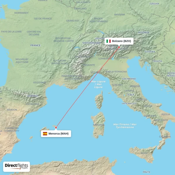 Menorca - Bolzano direct flight map