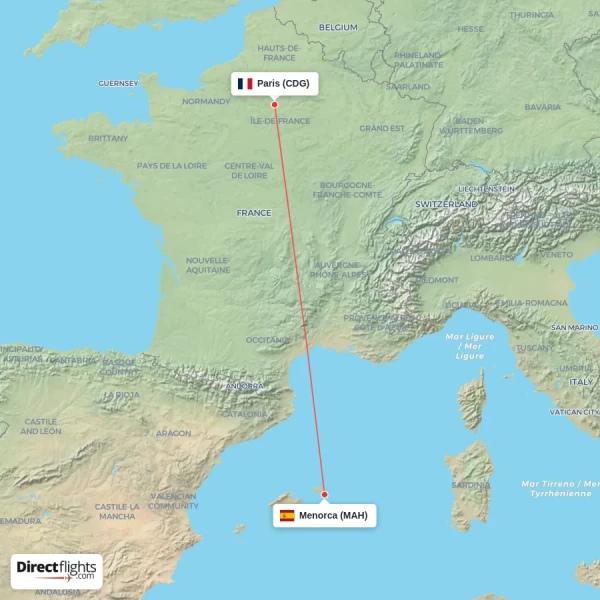 Menorca - Paris direct flight map