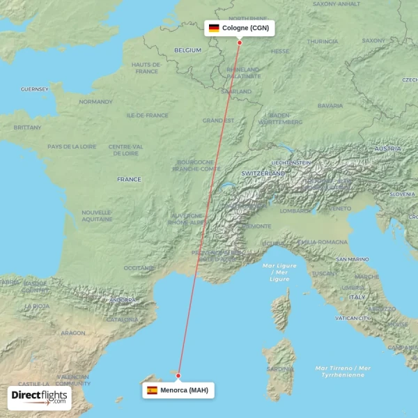Menorca - Cologne direct flight map