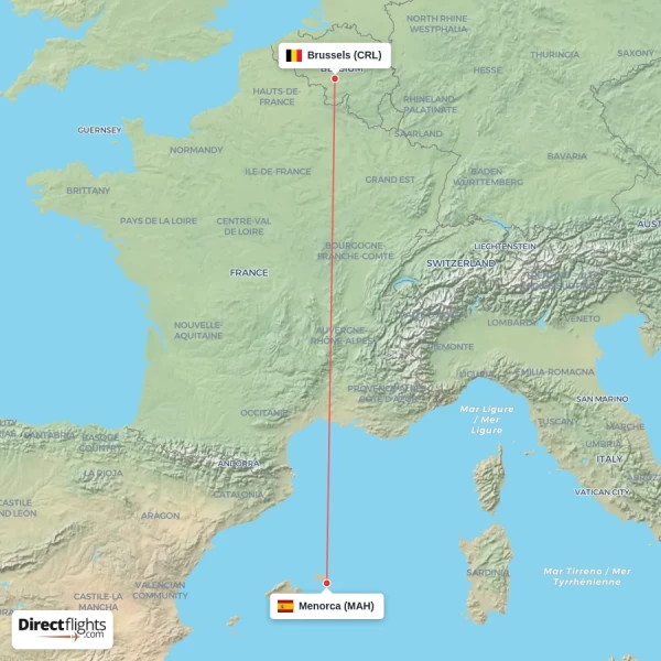 Menorca - Brussels direct flight map