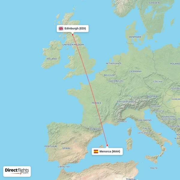 Menorca - Edinburgh direct flight map