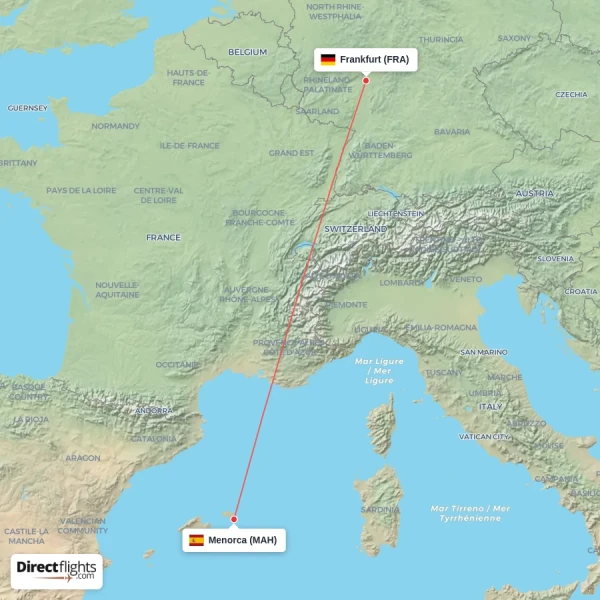 Menorca - Frankfurt direct flight map