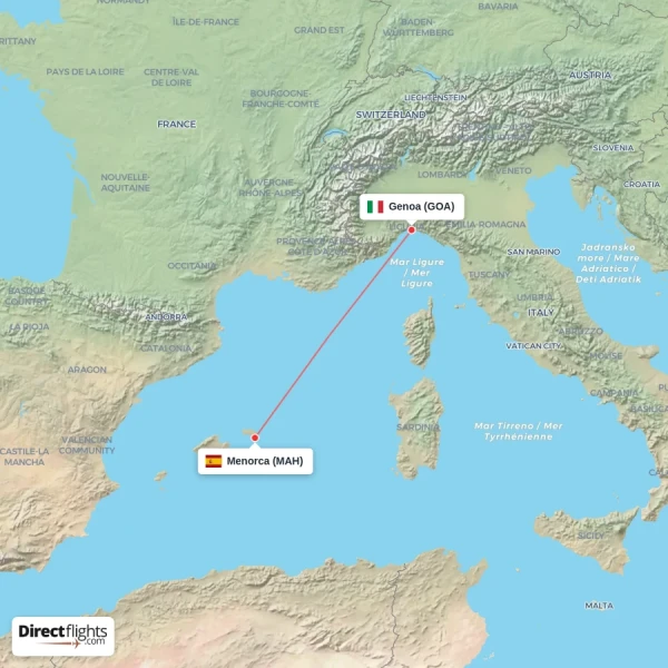 Menorca - Genoa direct flight map