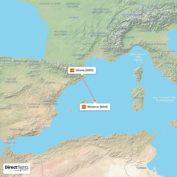 Menorca - Girona direct flight map
