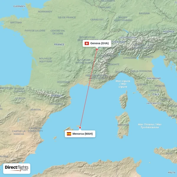 Menorca - Geneva direct flight map