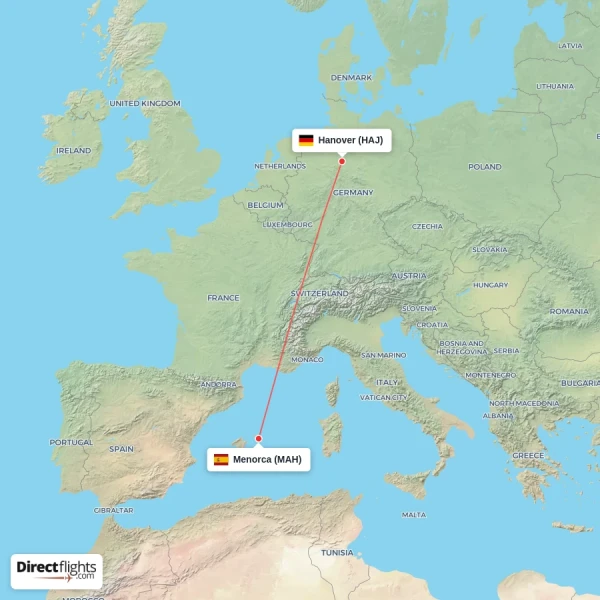Menorca - Hanover direct flight map