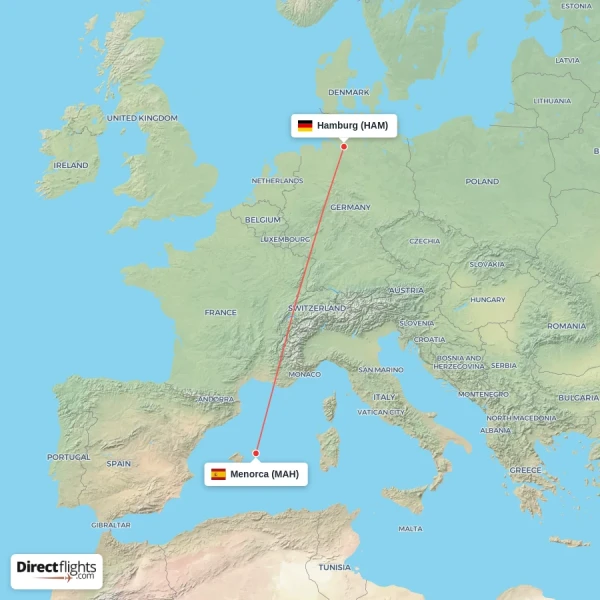 Menorca - Hamburg direct flight map
