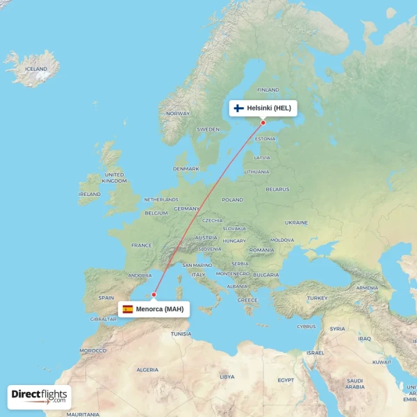 Menorca - Helsinki direct flight map