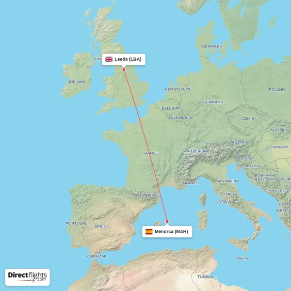 Menorca - Leeds direct flight map
