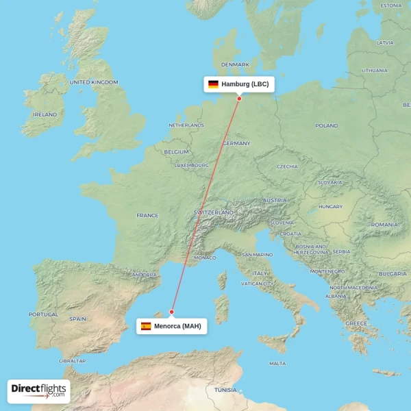 Menorca - Hamburg direct flight map