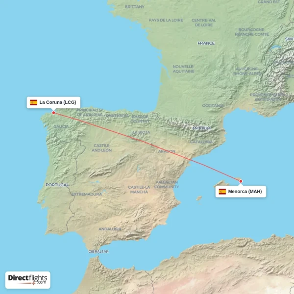 Menorca - La Coruna direct flight map