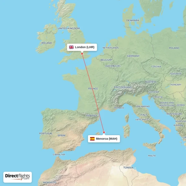 Menorca - London direct flight map