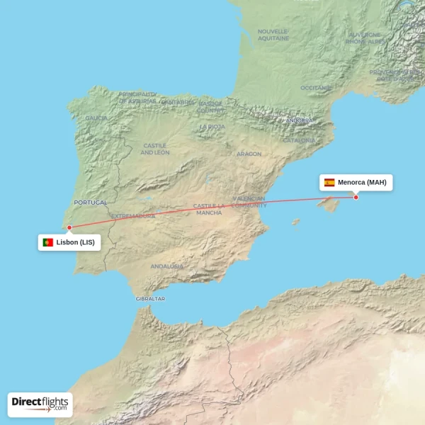 Menorca - Lisbon direct flight map