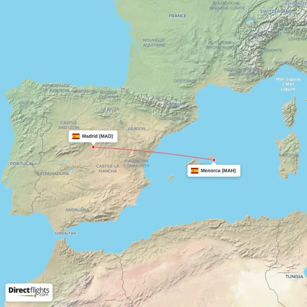 Menorca - Madrid direct flight map