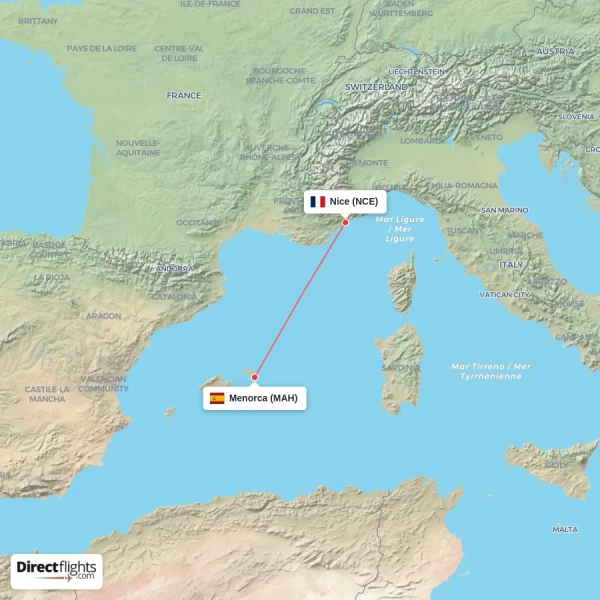 Menorca - Nice direct flight map