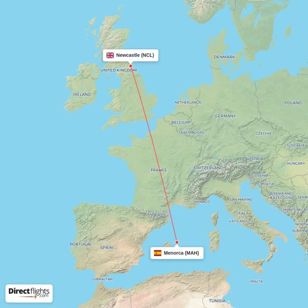Menorca - Newcastle direct flight map