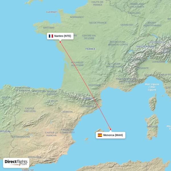 Menorca - Nantes direct flight map