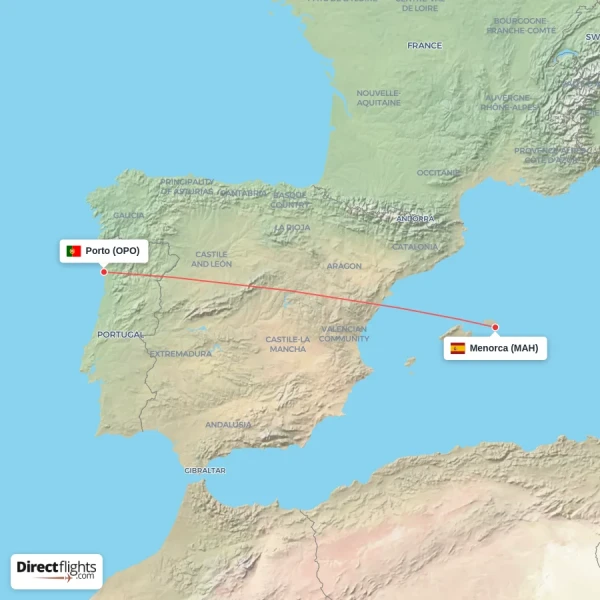 Menorca - Porto direct flight map