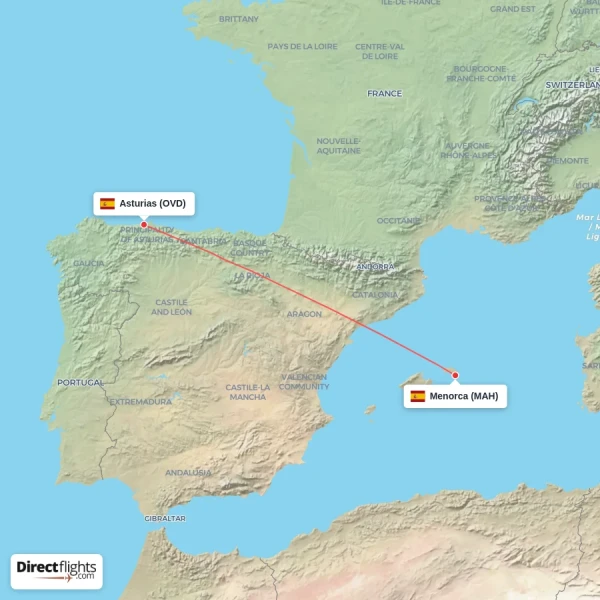 Menorca - Asturias direct flight map