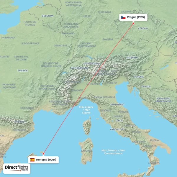 Menorca - Prague direct flight map