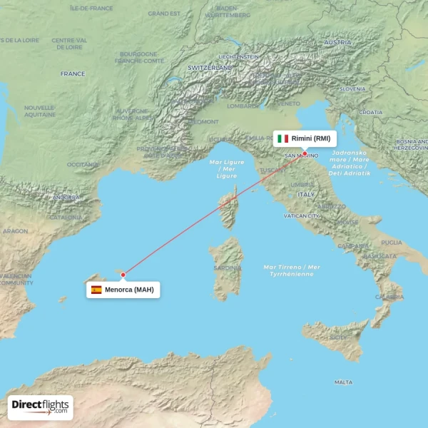 Menorca - Rimini direct flight map
