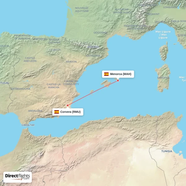 Menorca - Corvera direct flight map