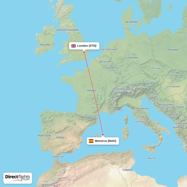 Menorca - London direct flight map