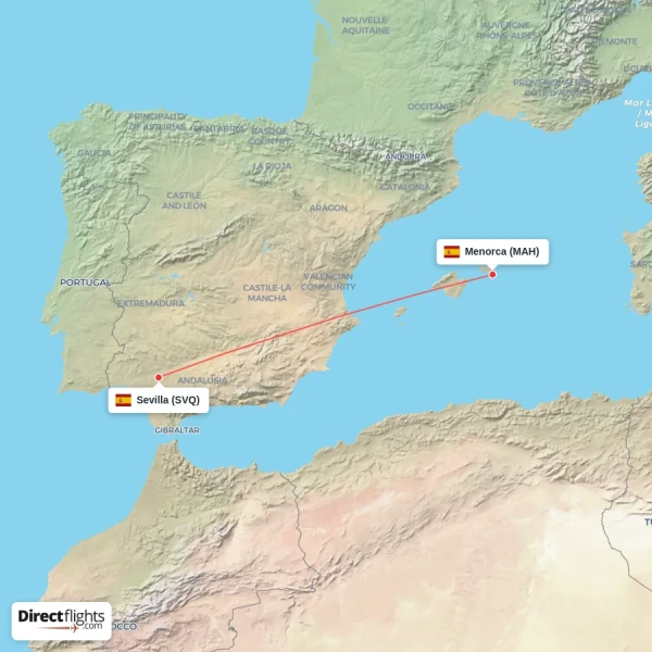 Menorca - Sevilla direct flight map