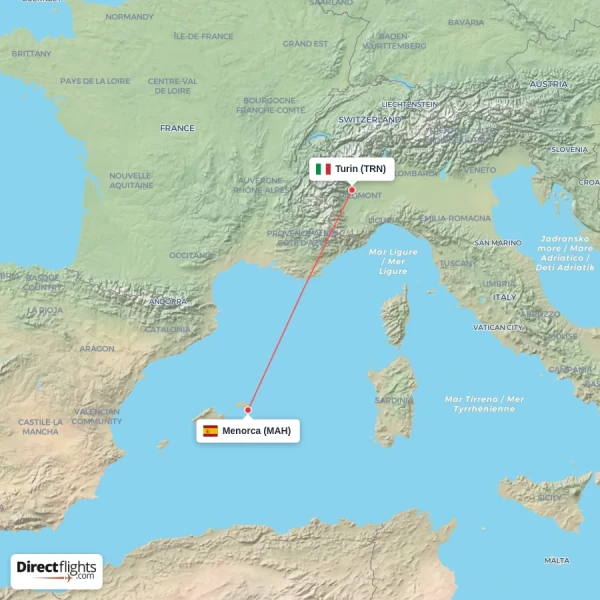 Menorca - Turin direct flight map