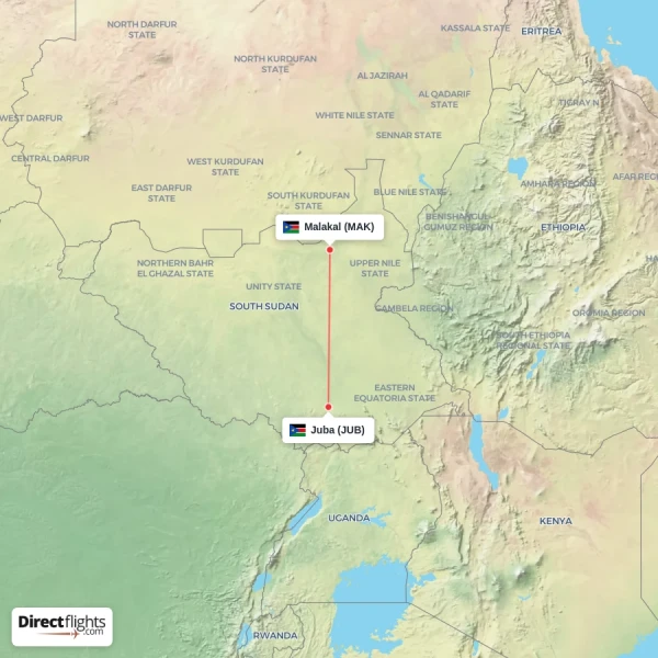 Malakal - Juba direct flight map