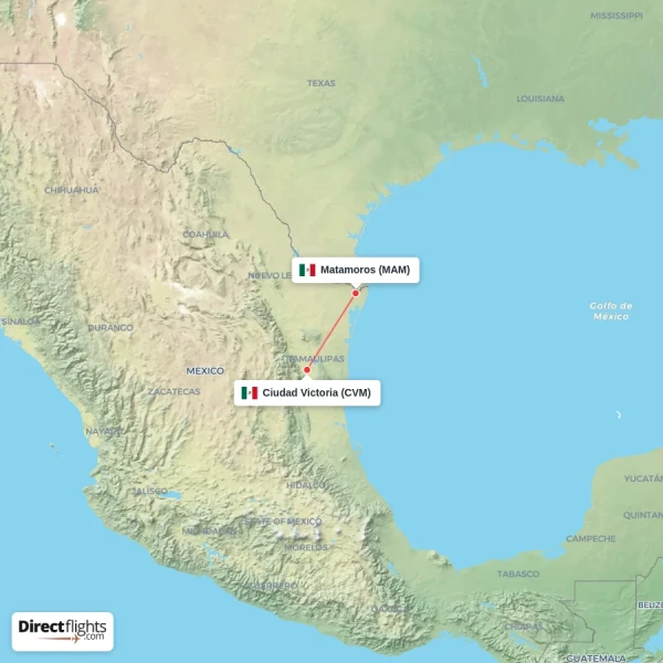 Matamoros - Ciudad Victoria direct flight map