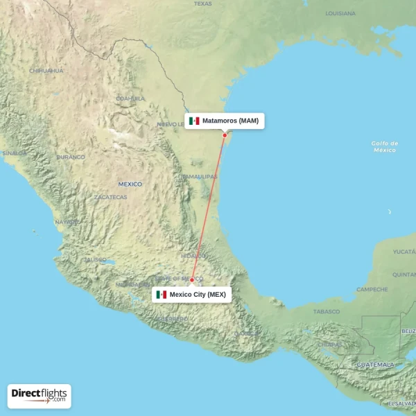 Matamoros - Mexico City direct flight map