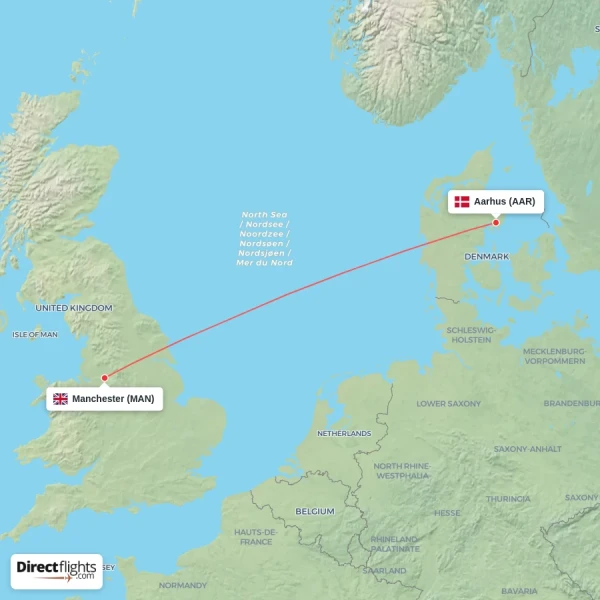 Manchester - Aarhus direct flight map