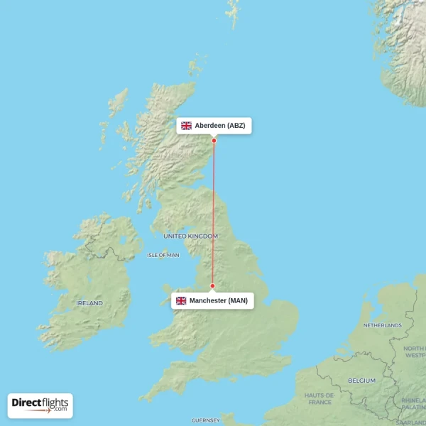Manchester - Aberdeen direct flight map