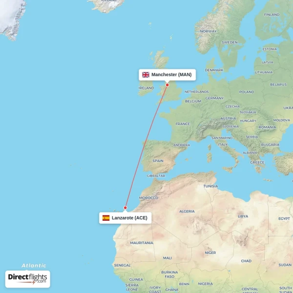 Manchester - Lanzarote direct flight map