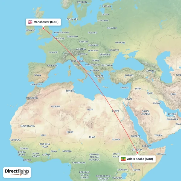 Manchester - Addis Ababa direct flight map