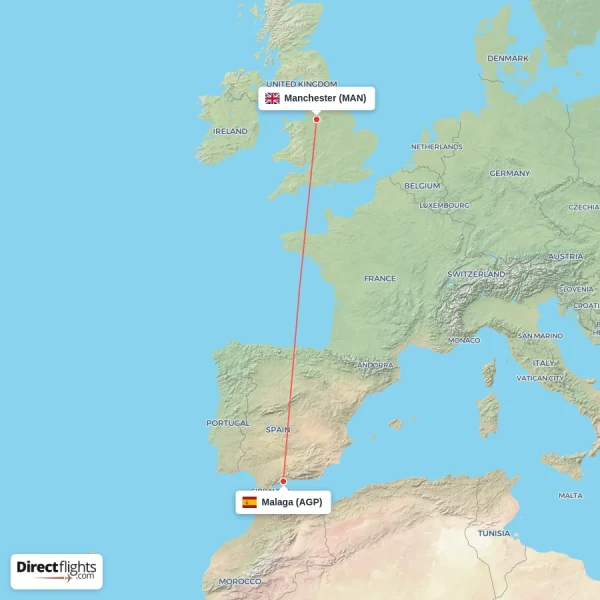 Manchester - Malaga direct flight map