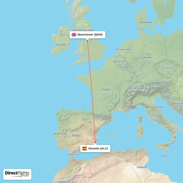 Manchester - Alicante direct flight map