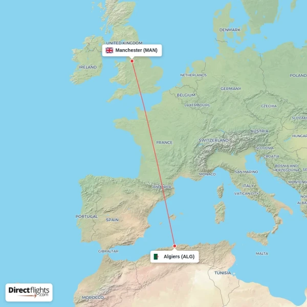 Manchester - Algiers direct flight map